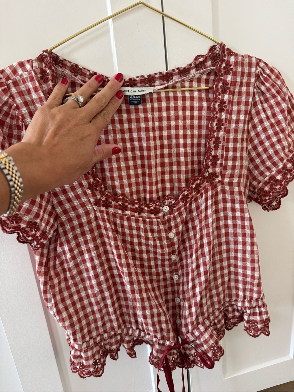American Eagle Outfitters Red and White Gingham Lace-Trim Button-Up Top